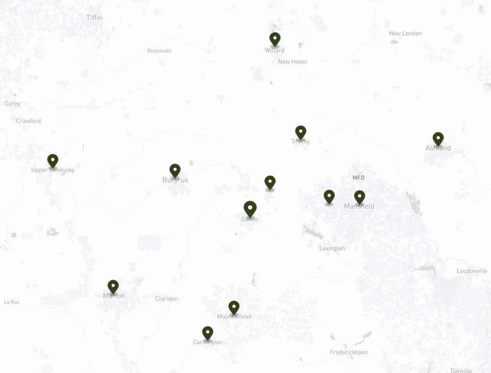 KBR Evergreen Arbor service area map of North Central Ohio